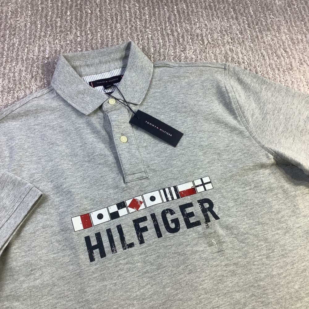 Tommy Hilfiger Mens Grey Nautical Flag Graphic Polo Shirt Size Small NWT‎